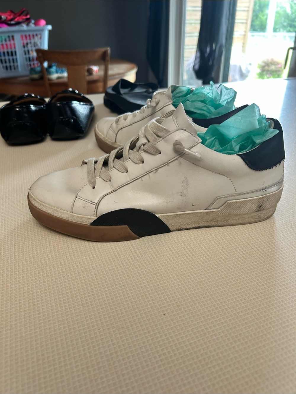DV by Dolce Vita White Leather Sneakers with Black Heel and Brown Outsole